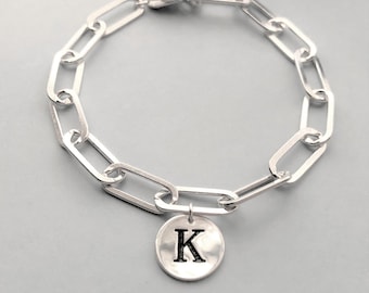 Bracelet initial en argent sterling, bracelet trombone en argent sterling avec disque initial ajouté, 3 chaînes au choix