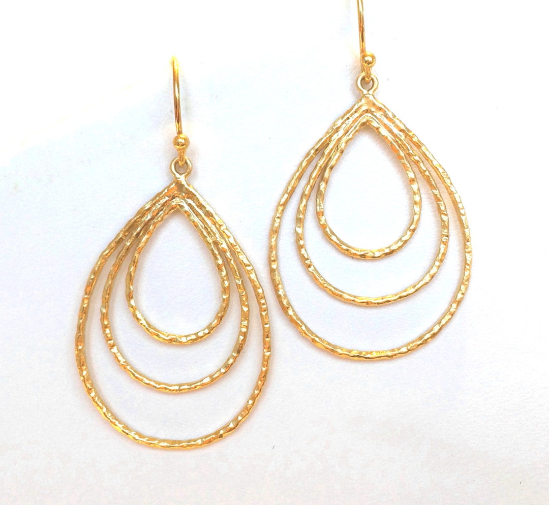 Hoop Earrings, Gold Hoop Earrings, Three Teardrop Hoops Gold Earrings ...