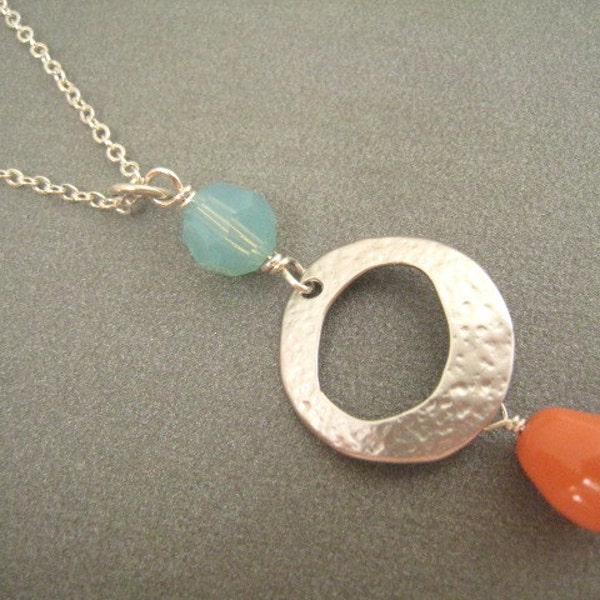 Aqua Blue and Coral Silver Drop Link Necklace, Modern, Sterling Silver Chain