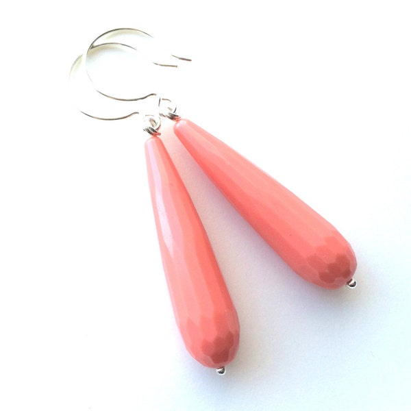 Long Coral Earrings, Long Coral Pink Teardrop, Coral Jade Earrings