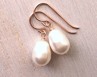 Rose Gold Swarovski Pearl Drop Earrings: Bridesmaid Jewelry