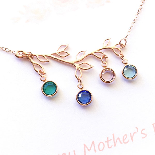 Birthstone Necklace, Rose Gold Birthstone Necklace, Family Tree Necklace, Family Jewelry Mom Necklace, Birthstone Mother’s Day necklace