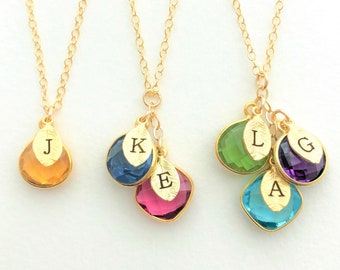 Birthstone Necklace for Mom, Personalized Initial Charm Jewelry