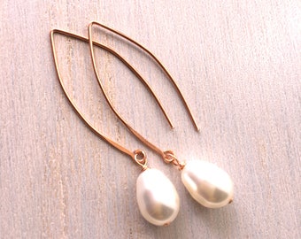 Rose Gold Pearl Drop Earrings, Swarovski Crystal Pearls, Bridesmaid Gift