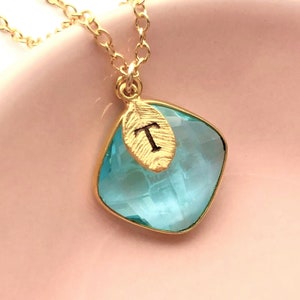 Personalized Aquamarine Birthstone Necklace, March Birthday Gift, Birthstone Initial Necklace, Mom Gift, More colors, Gold Sterling