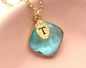 Personalized Aquamarine Birthstone Necklace, March Birthday Gift, Birthstone Initial Necklace, Mom Gift, More colors, Gold Sterling