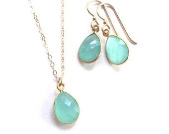 Aqua Chalcedony Necklace Set, Aqua Chalcedony Faceted Pendant, Gold Filled Chain, Bridesmaids Jewlery