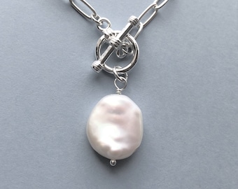 Pearl Necklace, Sterling Chain Pearl Pendant Necklace
