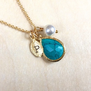 Personalized Turquoise December Birthstone Necklace, Turquoise Birthstone Necklace, Initial Birthstone Necklace