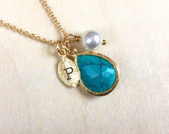 Personalized Turquoise December Birthstone Necklace, Turquoise Birthstone Necklace, Initial Birthstone Necklace