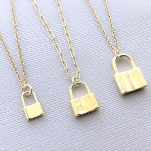 Gold Lock Necklace, Lock charm Necklace, Lock Pendant necklace, Gold Paperclip Chain Necklace, Rectangle Chain, Gold Cable Chain
