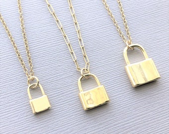 Gold Lock Necklace, Lock charm Necklace, Lock Pendant necklace, Gold Paperclip Chain Necklace, Rectangle Chain, Gold Cable Chain
