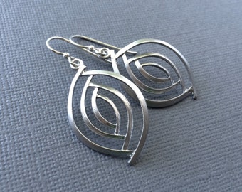 Silver Oval Shape Earrings, Matte Silver Almond Dangle Earrings, Sterling Silver Earring Wires