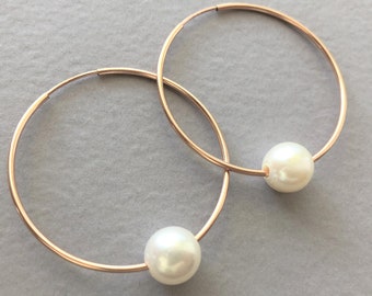 Pearl Earrings, Floating Pearl Hoop Earrings, Pearl Hoop Earrings, Gold Filled, Sterling or Rose Gold Filled Pearl Hoops