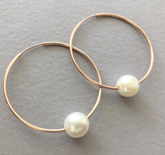 Pearl Earrings Floating Pearl Hoop Earrings Pearl Hoop Earrings