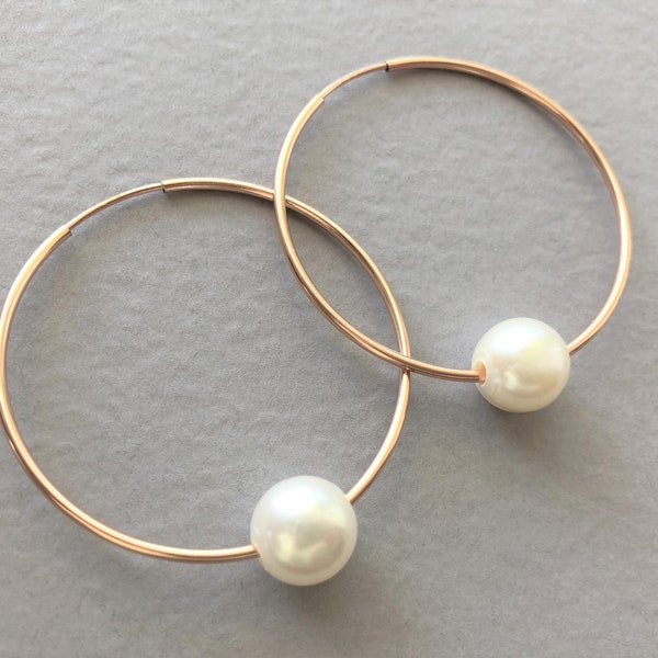 Pearl Earrings, Floating Pearl Hoop Earrings, Pearl Hoop Earrings, Gold Filled, Sterling or Rose Gold Filled Pearl Hoops