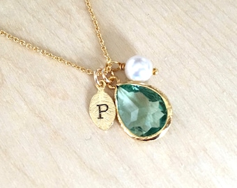 Emerald Necklace, May Birthstone Necklace, Leaf Initial jewelry, May Birthstone Jewlery, Emerald Birthday Necklace