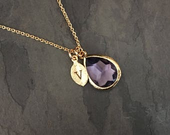 Personalized Amethyst Necklace: February Birthstone, Initial Charm