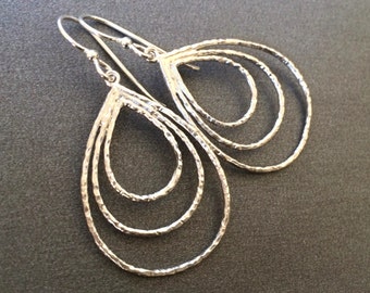 Silver Triple Teardrop Hoop Earrings, Three Teardrop Hoops Silver Earrings