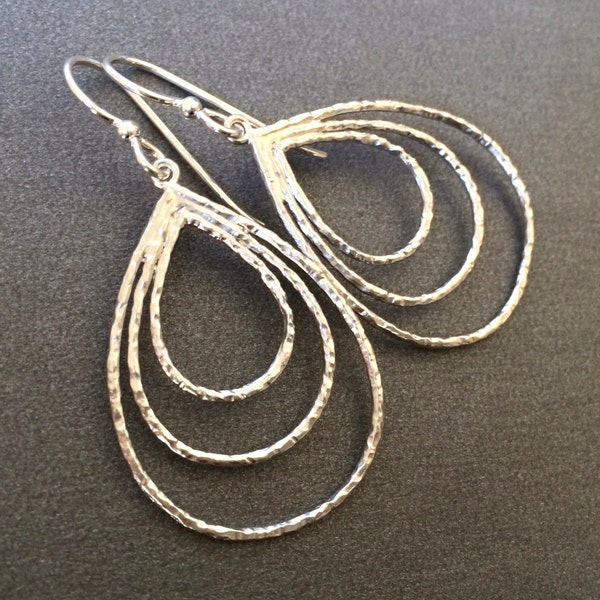 Silver Triple Teardrop Hoop Earrings, Three Teardrop Hoops Silver Earrings