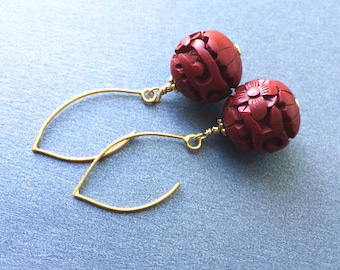 Vintage Cinnabar Earrings, Vermeil Wires, Hand-Carved Wood Dangles