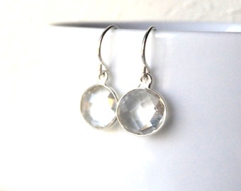 Crystal Clear Silver Earrings, Bridesmaid, Wedding Jewelry, Sterling Wires, Quartz Crystal Clear Drop Earrings