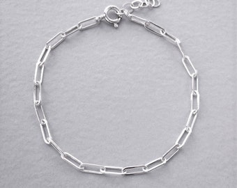 Sterling Silver Paperclip Chain Bracelet, Solid 925 Rectangle Link, Different Sizes