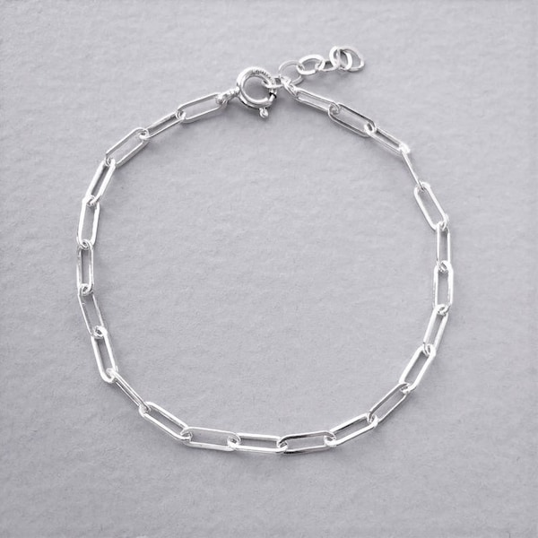 Silver Paperclip Bracelet, Sterling Silver 925 Paper Clip Chain Link Bracelet, Rectangle, Sizes 6 7 8 9 inch Link Chain Bracelet Gift