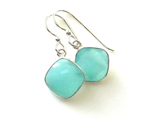 Aqua Chalcedony Sterling Silver Earrings, March Birthstone Gift, Aqua Blue jewelry