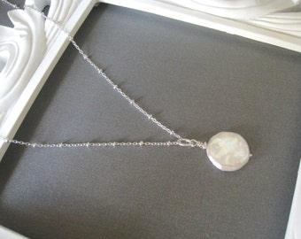 Pearl Necklace, Coin Pearl Necklace, Sterling Pearl Satellite Necklace, Everyday Necklace, Sterling Silver Satellite Chain