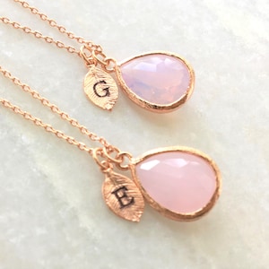 Personalized Pink Opal Birthstone Necklace: Initial Charm, October Jewelry