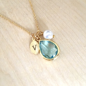 Personalized March Aquamarine Necklace, March Birthstone Necklace, Leaf Initial, March Birthstone Jewlery, Aquamarine Birthstone Necklace