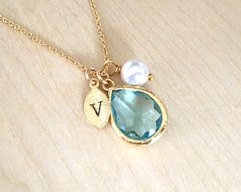 Aquamarine Necklace, March Birthstone Necklace, Leaf Initial jewelry, March Birthstone Jewlery, Aquamarine Birthday Necklace