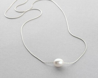 Rose Gold Pearl Necklace, Single Pearl Necklace, Floating Pearl, Bridesmaids Pearl necklace, Gold Pearl Necklace, Sterling Pearl Necklace