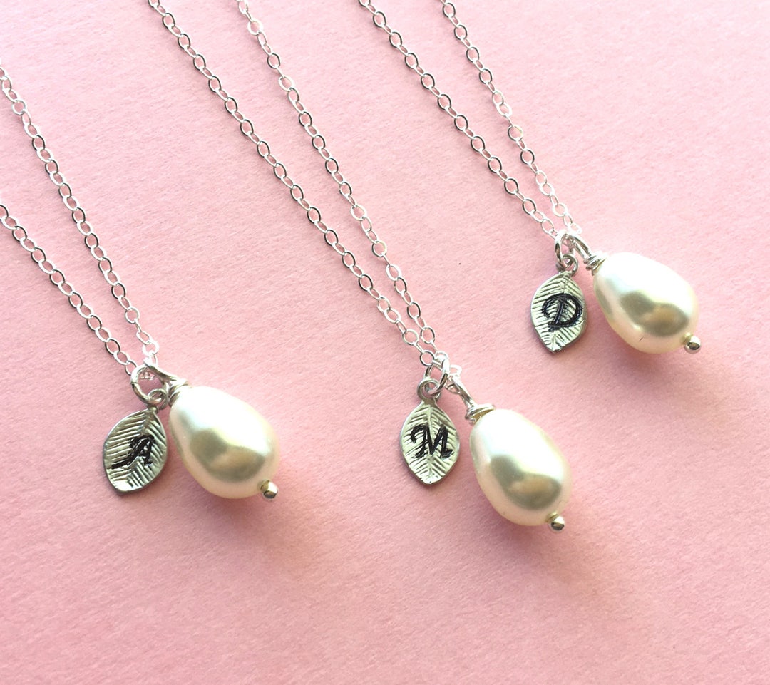Silver Pearl Necklace, Teardrop Pearl Necklace, Bridesmaid's Necklace, Personalized Pearl