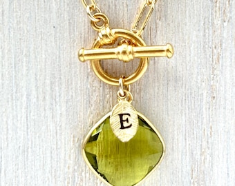 Personalized August Birthstone Necklace, Peridot Toggle Paperclip Chain, August Birthday Gift Jewelry Green