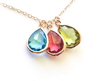Rose Gold Birthstone Necklace: Personalized Family Jewelry, Mom Gift