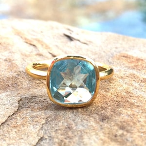 Aquamarine Ring, March Birthstone Ring, Square Stackable Ring, Aquamarine Hydro Quartz Gold Ring