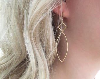 Gold Hoop Earrings, Gold Marquise Hoop Earrings, Long Gold Filled earrings, Square Earrings, Marquise Earrings