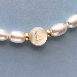 Pearl Initial Necklace, Mother of Pearl Initial Beaded Necklace, Custom Personalized Pearl Gold Shell Letter, Freshwater Oval Pearl Necklace