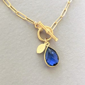 Personalized Sapphire Birthstone Necklace: Gold Filled Toggle, Initial Charm