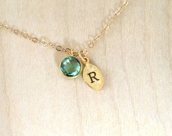 Initial Birthstone Necklace, Light Emerald Birthstone, Necklace for Mom, Family Tree Necklace, Birthstone Jewlery, Mom Necklace