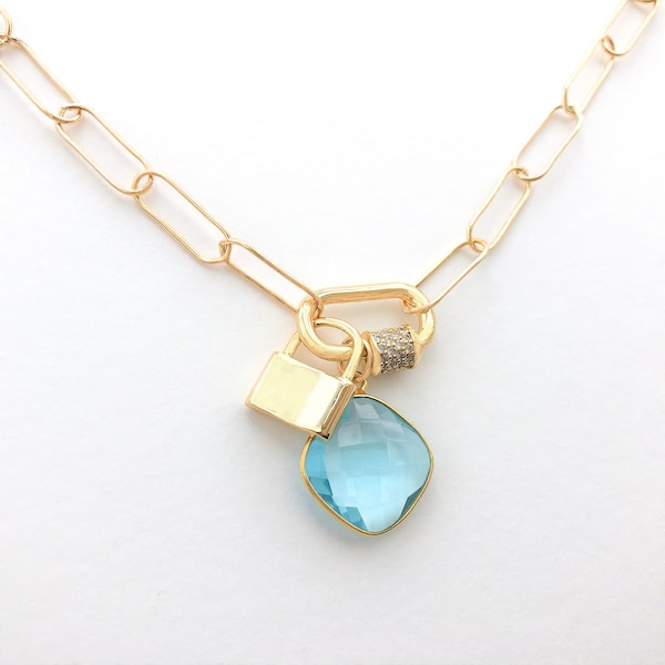 Aquamarine Birthstone Necklace: Gold Filled Paper Clip Chain, Lock Charm
