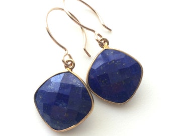 Lapis Earrings, Lapis Gold Earrings, Gold Filled Wires, Modern Lapis in Gold Frames, Diamond Square lapis