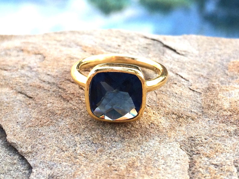 Sapphire Birthstone Ring September Birthstone 25/% off Sapphire Ring Stackable Cushion Cut Ring Dark Blue Square Gold Ring