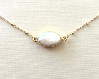 Freshwater Pearl Necklace, Gold Filled Satellite Chain, Vermeil Bezel