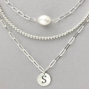 Layered Initial Necklaces, Paperclip Initial Necklace, Sterling Beaded Necklace, Pearl Paperclip Necklace, 3 Different Necklaces