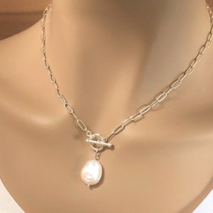 Pearl Necklace, Sterling Chain Pearl Pendant Necklace, Genuine Freshwater Baroque Pearl Necklace, Paperclip Chain, Toggle Front Closure