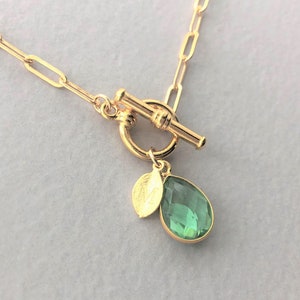 Personalized August Birthstone Necklace: Gold Filled Paperclip Chain, Initial Leaf