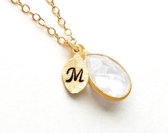Personalized April Birthstone Necklace, April Birthday Gift, Gold Birthstone necklace, Diamond Birthstone Jewelry, Clear Birthstone